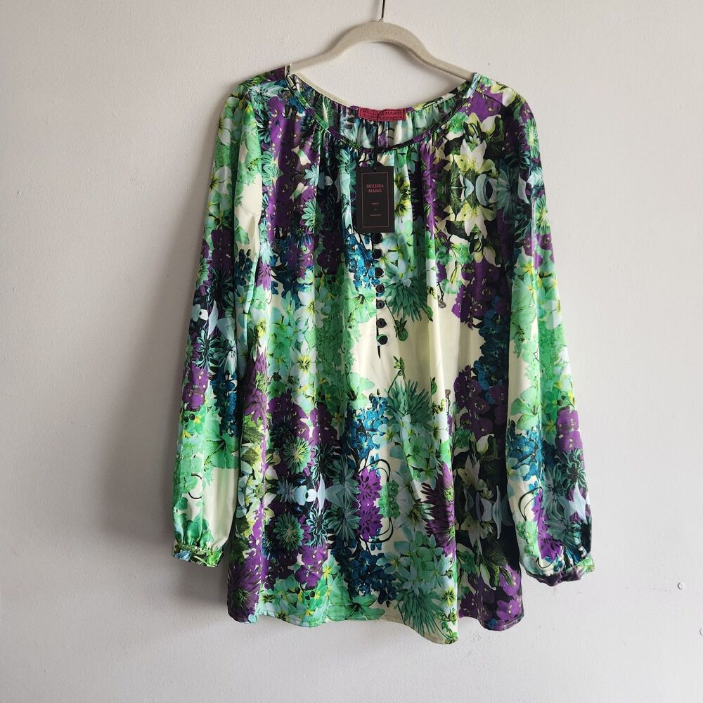 Melissa Masse Jade Vinatge Floral Silk Blend Satin Green Blouse XL fairy forest